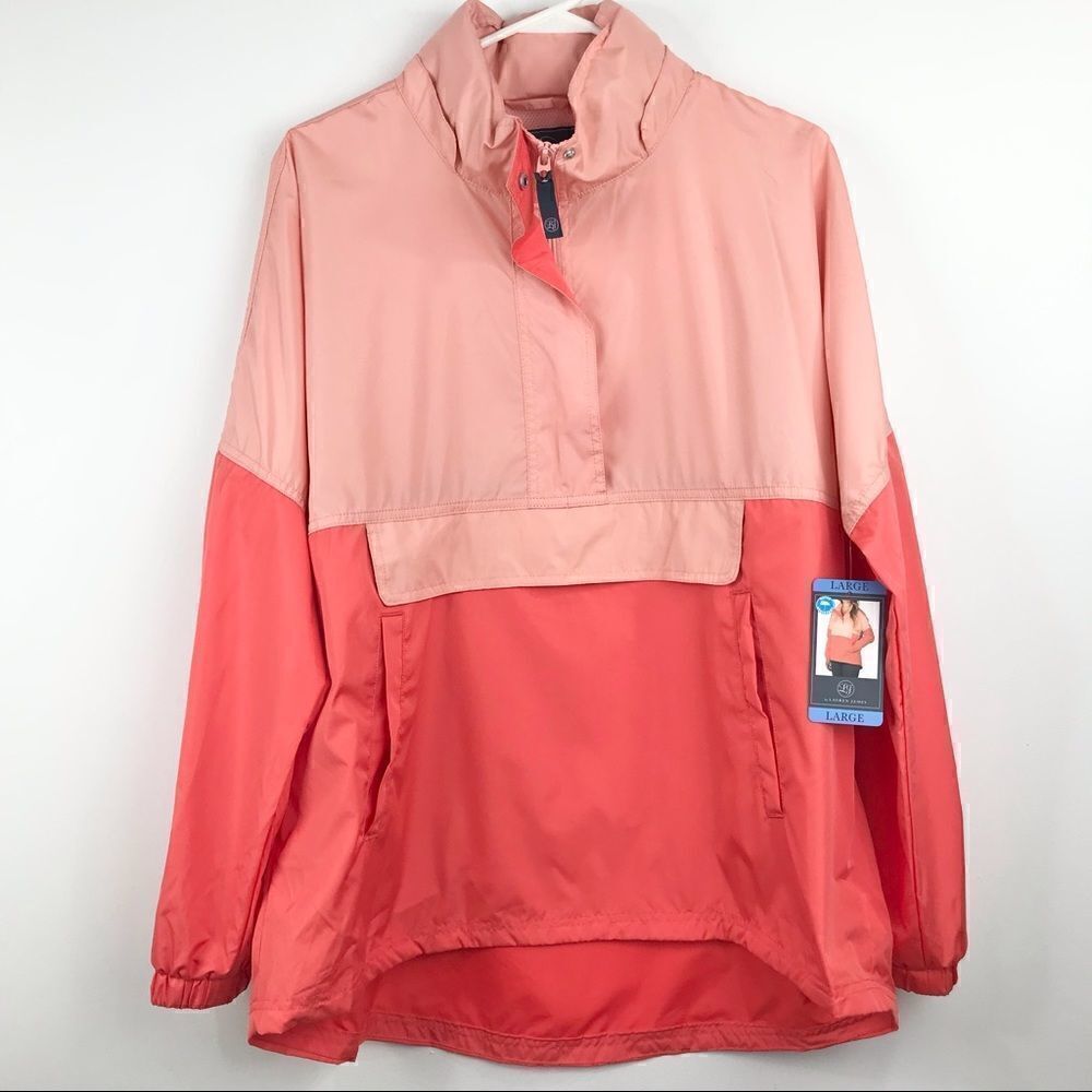 Lauren James Sherbet Orange Pocket Front Half Zip Pullover Windbreaker NEW
